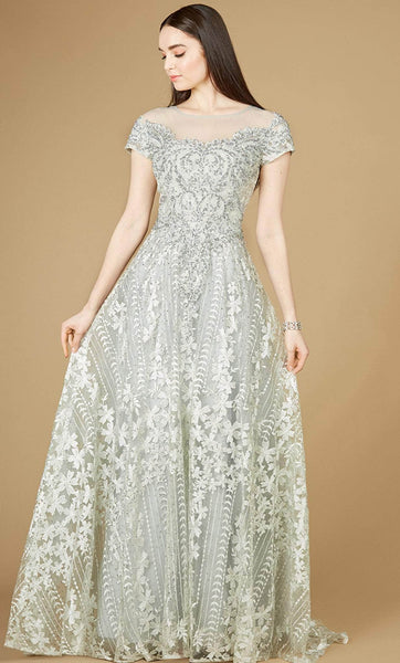 Modest Floral Print Natural Waistline Beaded Wrap Back Zipper Fitted Illusion Embroidered Short Sleeves Sleeves Off the Shoulder Bateau Neck Jeweled Neck Ball Gown Party Dress with a Brush/Sweep Train