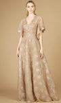 Sophisticated Modest A-line V-neck Lace Natural Waistline Embroidered Back Zipper Ball Gown Dress with a Brush/Sweep Train