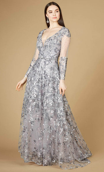 A-line V-neck Natural Waistline Long Sleeves Sleeveless Floral Print Sheer Fitted Back Zipper Beaded Mesh Embroidered Lace Evening Dress with a Brush/Sweep Train