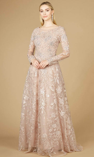Sophisticated A-line Bateau Neck Sheer Long Sleeves Natural Waistline Beaded Back Zipper Embroidered Fitted Sheer Illusion Lace Ball Gown Dress with a Brush/Sweep Train