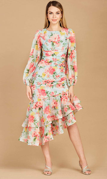 A-line Floral Print Chiffon Gathered Fitted Ruched Back Zipper Lace-Up Bishop Long Sleeves Empire Waistline High-Low-Hem Tea Length Bateau Neck Midi Dress