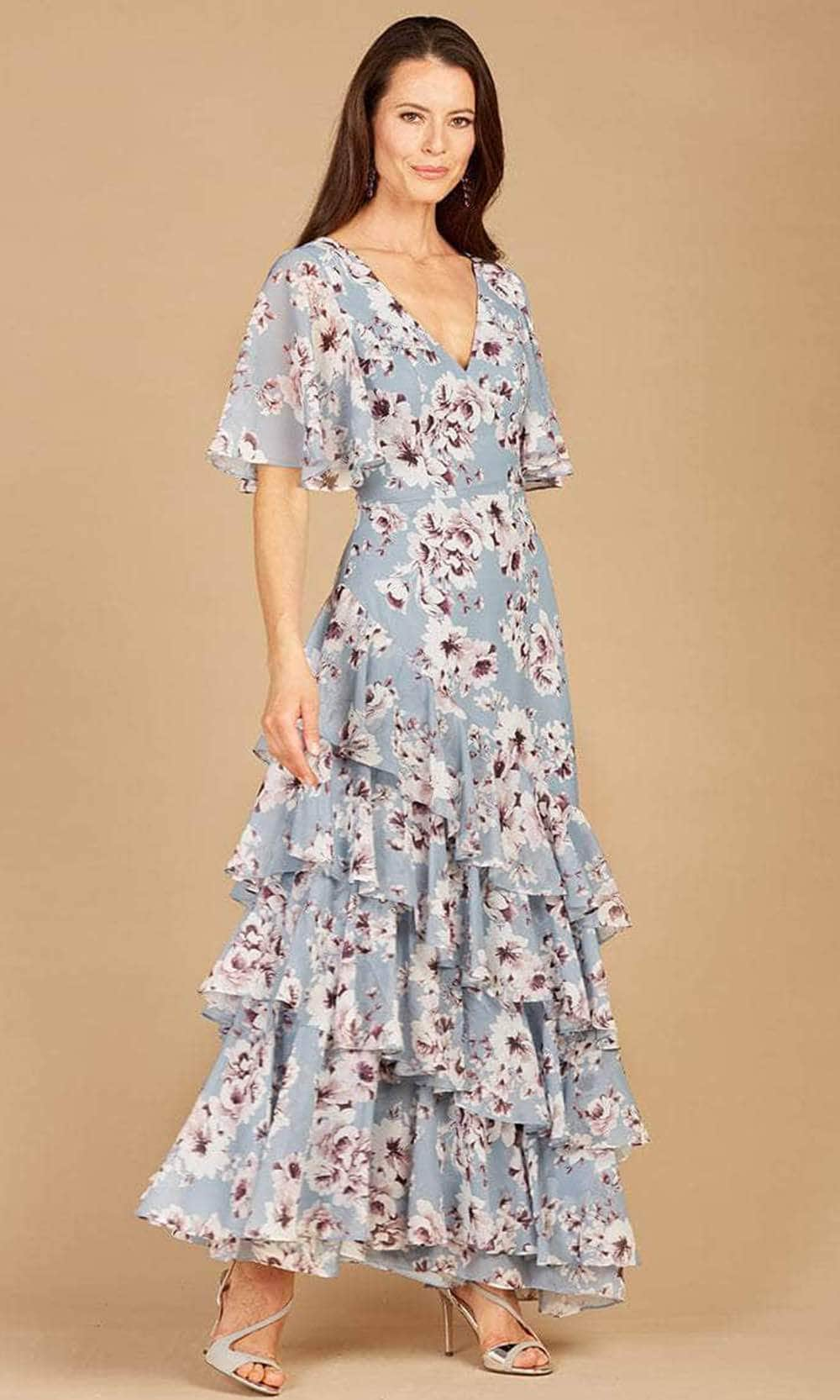 Lara Dresses 29246 - V-Neck Ruffled Printed Long Dress