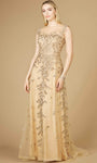 A-line Illusion Beaded Back Zipper Embroidered Natural Waistline Cap Sleeves Scoop Neck Floor Length Evening Dress with a Brush/Sweep Train