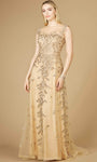 A-line Natural Waistline Back Zipper Embroidered Illusion Beaded Scoop Neck Cap Sleeves Floor Length Evening Dress with a Brush/Sweep Train