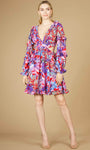 Sophisticated A-line V-neck Short Natural Waistline General Print Tiered Lace-Up Cutout Long Sleeves Dress With Ruffles