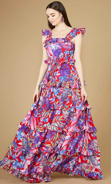 A-line Sleeveless Fitted Back Zipper Tiered Floral Print Natural Waistline Ruffle Trim Maxi Dress