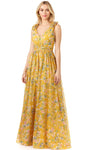 A-line V-neck Natural Waistline Floral Print Sleeveless Fitted Ruched Open-Back Back Zipper Tiered Maxi Dress With Ruffles