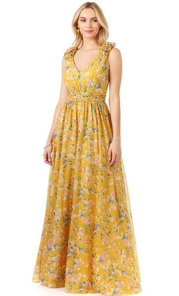 A-line V-neck Floral Print Fitted Ruched Tiered Back Zipper Open-Back Natural Waistline Sleeveless Maxi Dress With Ruffles