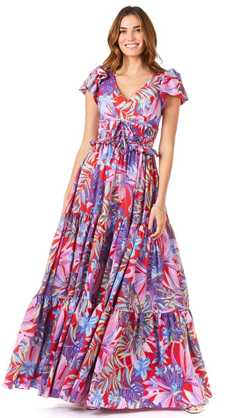 Modest A-line V-neck Floral Print Back Zipper Tiered Cap Flutter Sleeves Natural Waistline Maxi Dress With a Bow(s) and Ruffles