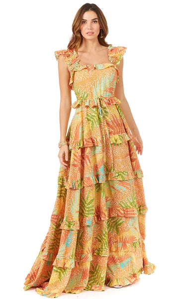 A-line Fitted Tiered Floral Print Sleeveless Ruffle Trim Natural Waistline Maxi Dress with a Brush/Sweep Train