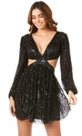 Sophisticated Modest A-line V-neck Cocktail Above the Knee Sequined Beaded Mesh Cutout Hidden Back Zipper Lace-Up Basque Waistline Bishop Long Sleeves Party Dress