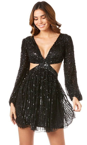 Sophisticated Modest A-line V-neck Cocktail Above the Knee Bishop Long Sleeves Basque Waistline Beaded Hidden Back Zipper Mesh Sequined Lace-Up Cutout Party Dress
