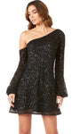 A-line Cocktail Short Asymmetric Beaded Sequined Mesh Wrap Natural Waistline Bishop Long Sleeves Party Dress