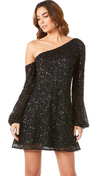 A-line Mesh Sequined Wrap Asymmetric Beaded Bishop Long Sleeves Cocktail Short Natural Waistline Party Dress