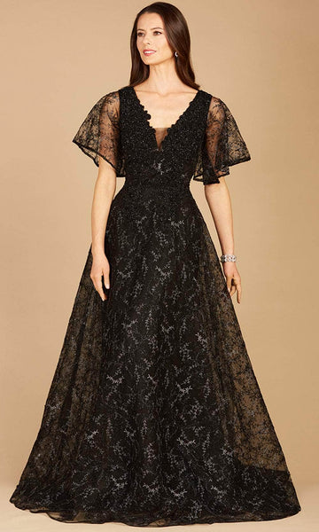 Modest A-line V-neck Hidden Back Zipper Sequined Beaded Fitted Mesh General Print Natural Waistline Floor Length Short Bell Short Sleeves Sleeves Lace Evening Dress with a Brush/Sweep Train