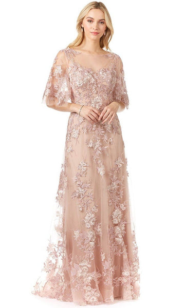 Modest A-line Sheer Fitted Back Zipper Applique Semi Sheer Bateau Neck Sweetheart Floor Length Floral Print Natural Waistline Elbow Length Sleeves Sleeveless Mother-of-the-Bride Dress with a Brush/Swe