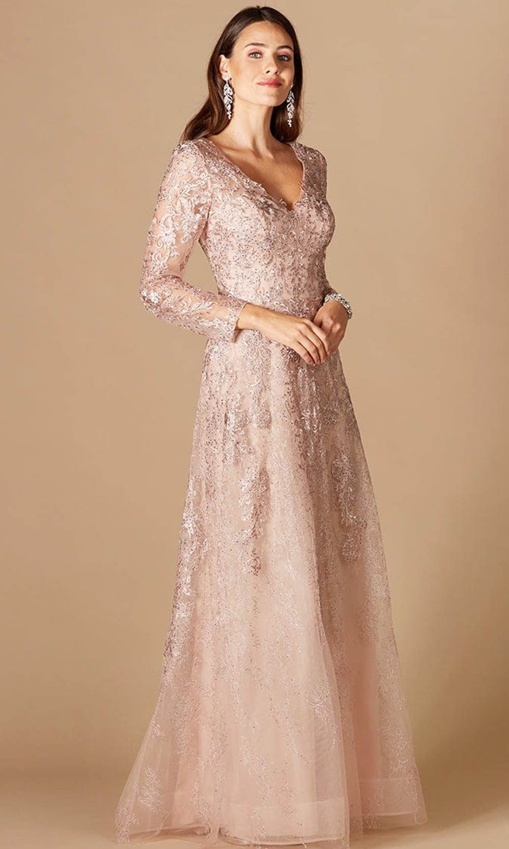 Lara Dresses 29326 - Floral Laced Plunging V Neck Long Sleeve Gown
