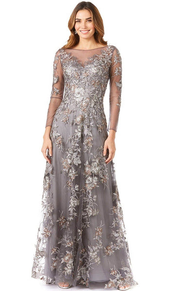 Sophisticated A-line Natural Waistline Illusion Sheer Back Zipper Applique Embroidered Lace Long Sleeves Floral Print Fall Bateau Neck Sweetheart Ball Gown Evening Dress with a Brush/Sweep Train