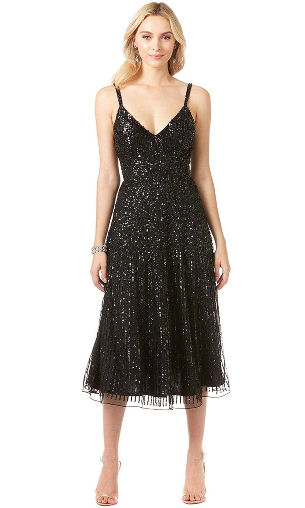 Lara Dresses 29347 - Glittery Sequined Sleeveless Tea Length Dress