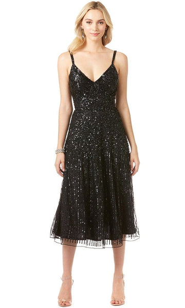 Sophisticated A-line V-neck Sleeveless Plunging Neck Natural Waistline Beaded Open-Back Sequined Fitted Glittering Back Zipper Fit-and-Flare Tea Length Midi Dress