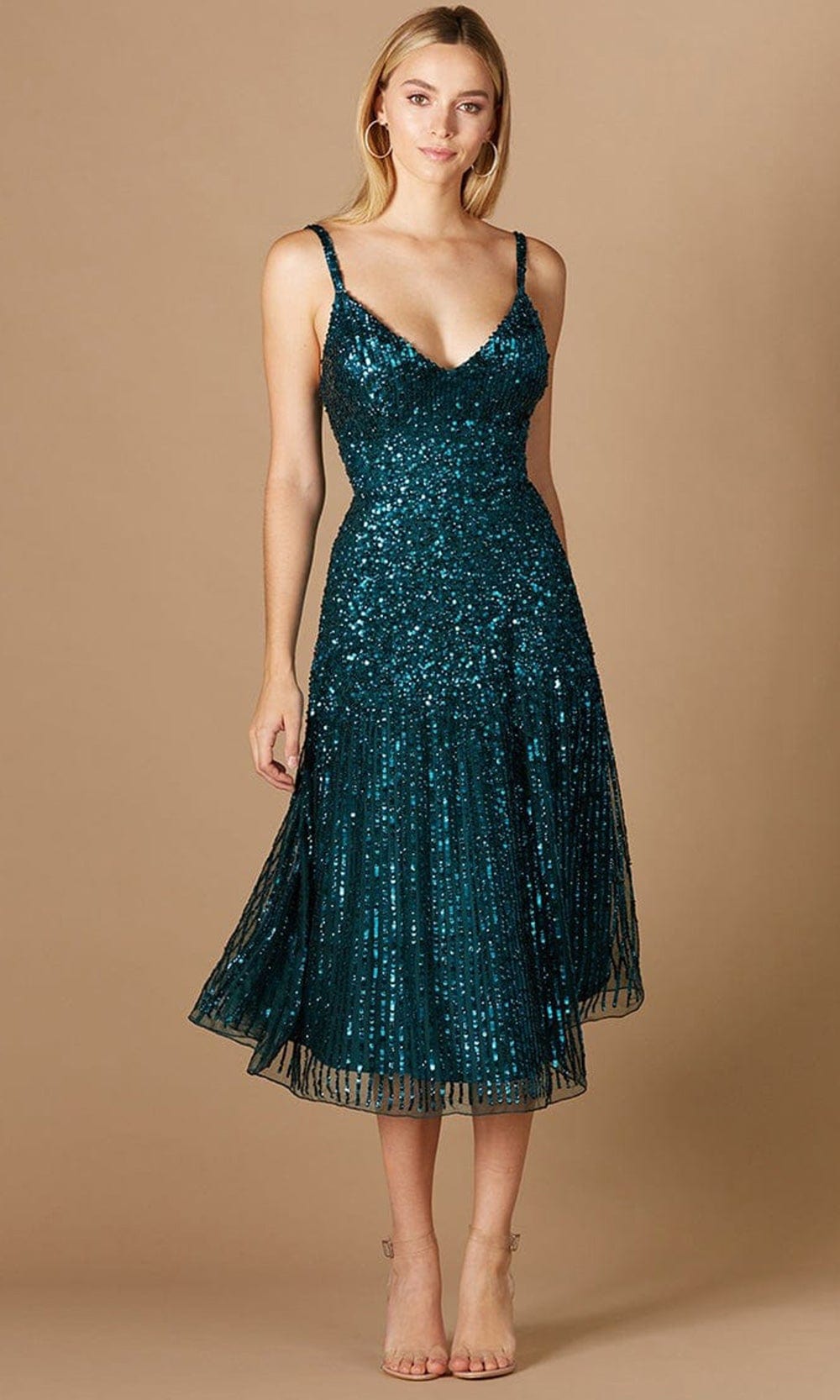 Lara Dresses 29347 - Glittery Sequined Sleeveless Tea Length Dress
