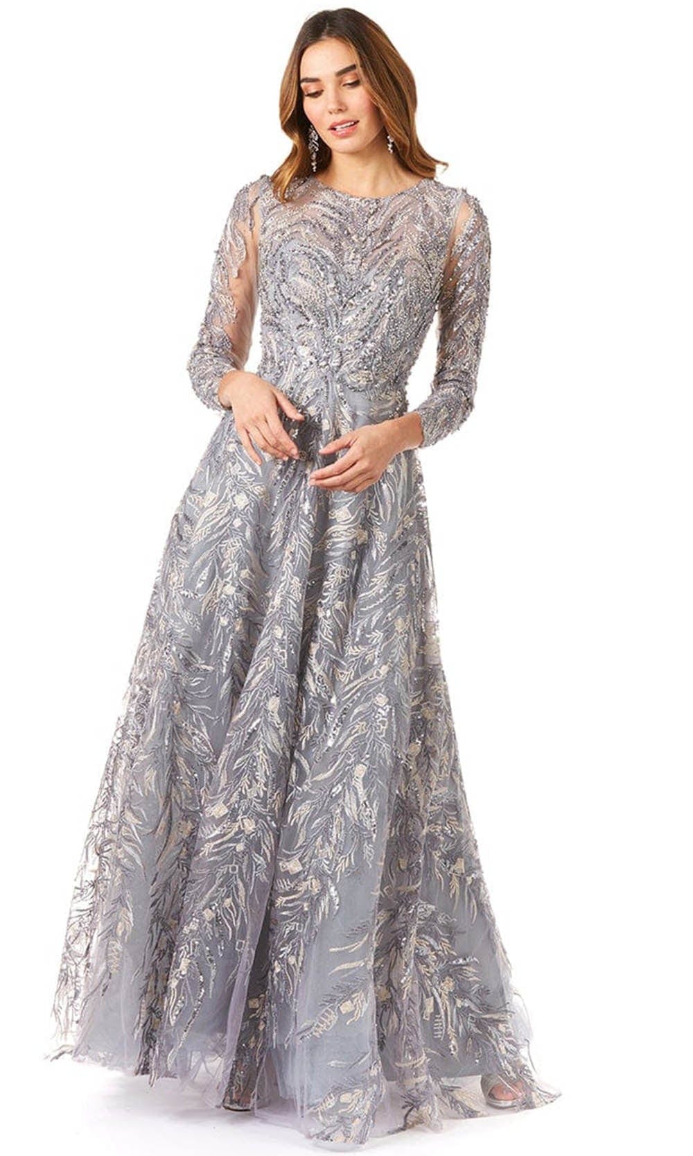 Lara Dresses 29353 - Floral Beaded Sheer Bateau Long Sleeved Dress
