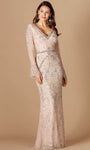 V-neck Sheath Beaded Sequined Back Zipper Natural Waistline Plunging Neck Sheer Long Sleeves Sheath Dress with a Brush/Sweep Train