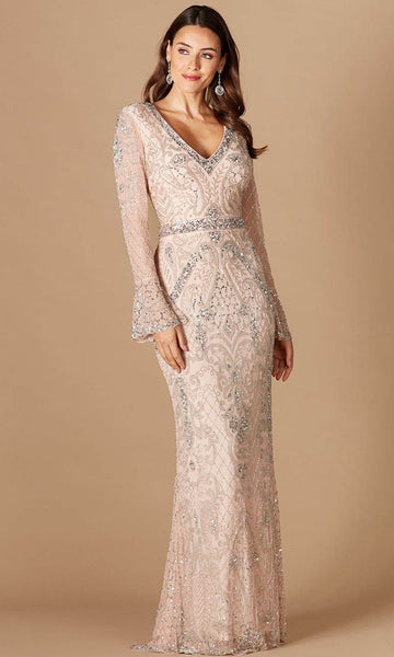 V-neck Sequined Back Zipper Beaded Natural Waistline Plunging Neck Sheath Sheer Long Sleeves Sheath Dress with a Brush/Sweep Train