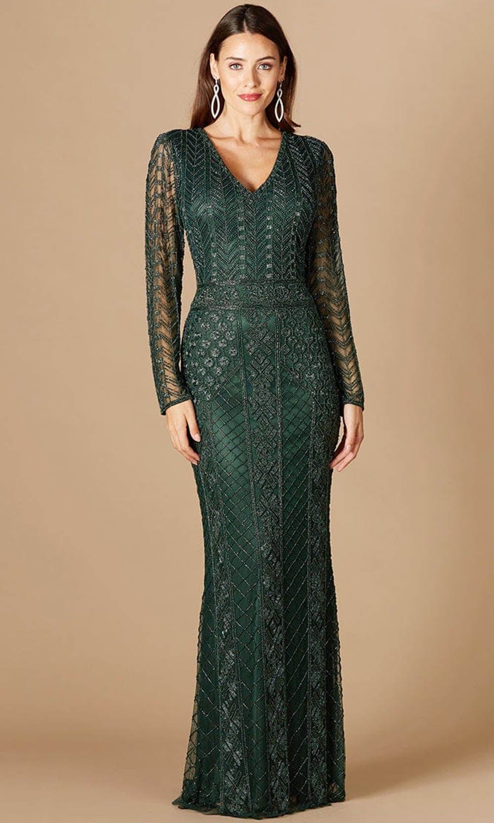 Lara Dresses 29365 - Plunging V Neck Sheered Long Sleeve Evening Gown
