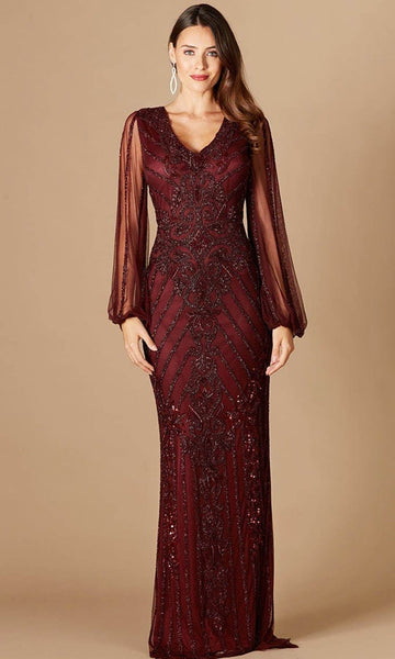 V-neck Fit-and-Flare Sheath Sheer Bishop Long Sleeves Fitted Beaded Back Zipper Natural Waistline Sheath Dress with a Brush/Sweep Train