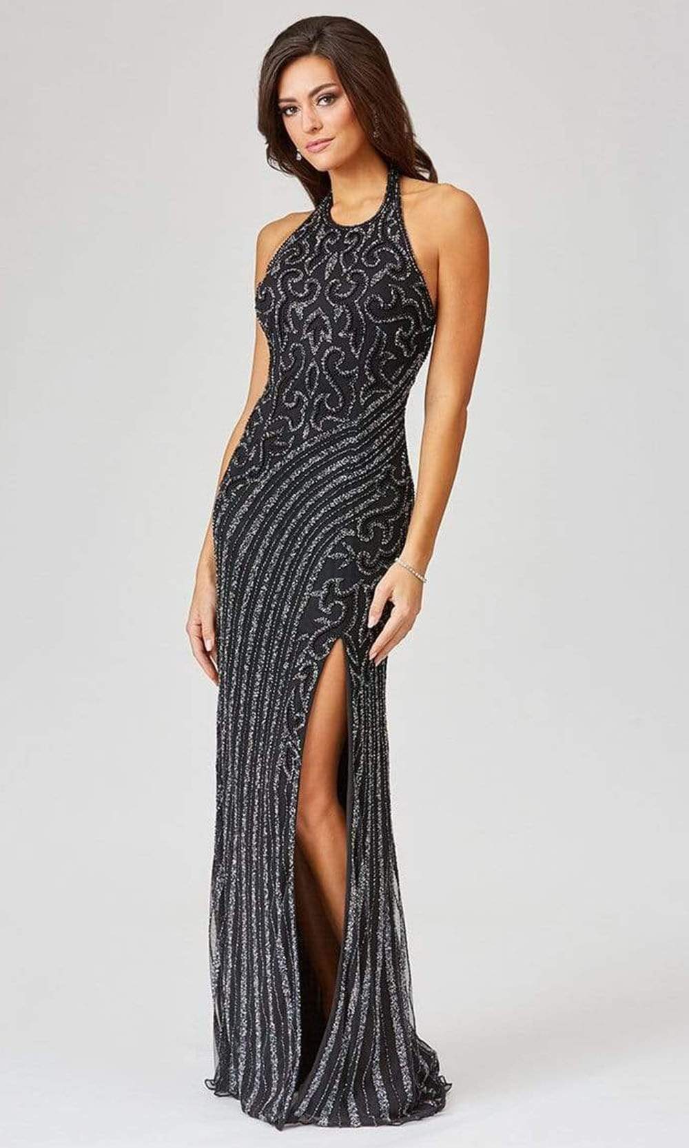 Lara Dresses - 29371 Halter Neck High-Slit Fully Embellished Dress