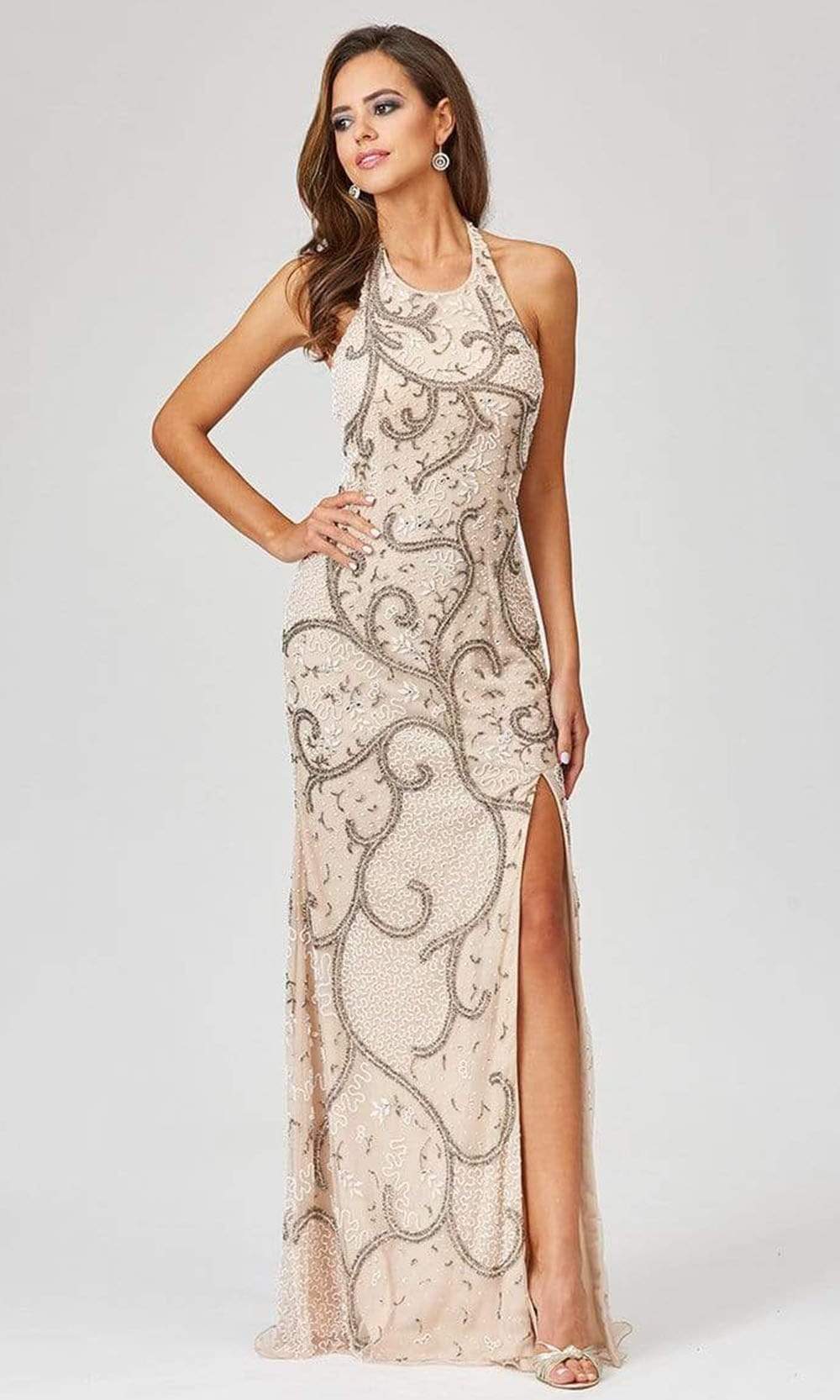 Lara Dresses - 29372 Halter Neck High-Slit Fully Ornate Sheath Dress
