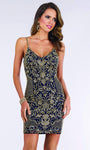 V-neck Natural Waistline Sheath Floral Print Beaded Open-Back Back Zipper Spaghetti Strap Cocktail Short Sheath Dress