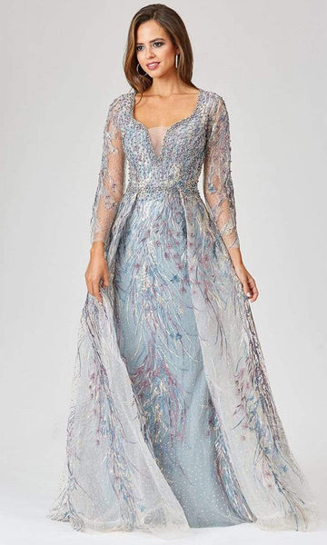 Sophisticated A-line Floor Length Tulle Natural Waistline Beaded Illusion Fitted Sheer Semi Sheer Hidden Back Zipper Long Sleeves Plunging Neck Sweetheart Dots Print Dress with a Brush/Sweep Train