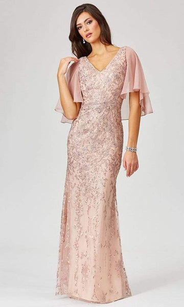 V-neck Natural Waistline Sheath Back Zipper V Back Open-Back Draped Embroidered Sheath Dress with a Brush/Sweep Train With Rhinestones and Ruffles