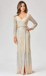 V-neck Sheath Lace Natural Waistline Long Sleeves Slit Sheer Beaded Embroidered Back Zipper Sheath Dress with a Brush/Sweep Train With Rhinestones