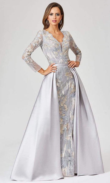 A-line V-neck Floor Length Long Sleeves Sheath Plunging Neck Back Zipper Embroidered Sheer Back Beaded Sheer Draped Illusion Goddess Natural Waistline Sheath Dress with a Brush/Sweep Train