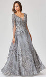 Sophisticated A-line V-neck Illusion Sheer Crystal Embroidered Plunging Neck Dress With Rhinestones by Lara Dresses