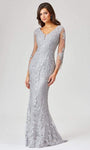 Sophisticated V-neck Long Sleeves Sheath Beaded Embroidered Illusion Applique Back Zipper Sheer Natural Waistline Plunging Neck Sheath Dress with a Brush/Sweep Train With Rhinestones