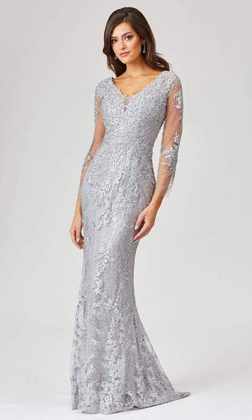 Sophisticated V-neck Long Sleeves Natural Waistline Applique Illusion Back Zipper Embroidered Beaded Sheer Sheath Plunging Neck Sheath Dress with a Brush/Sweep Train With Rhinestones
