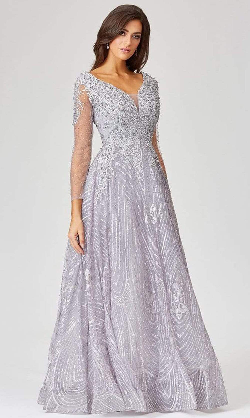 Lara Dresses - 29479 Beaded Plunging V Neck Long Sleeves Dress
