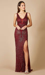 V-neck Natural Waistline Sheath Floor Length Plunging Neck Sleeveless Open-Back Slit Beaded Illusion Sheath Dress with a Brush/Sweep Train