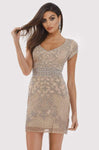 V-neck Back Zipper Beaded Tulle Cap Sleeves Sheath Natural Waistline Cocktail Short Sheath Dress