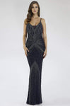 Tall V-neck Sleeveless Spaghetti Strap Natural Waistline Sheath Beaded Fitted Back Zipper V Back Illusion Open-Back Metallic Floor Length Plunging Neck Sheath Dress with a Brush/Sweep Train