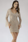 V-neck Open-Back Back Zipper Sheer Beaded Natural Waistline General Print Sheath Tulle Plunging Neck Long Sleeves Cocktail Above the Knee Sheath Dress