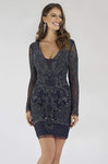 V-neck Plunging Neck Natural Waistline Beaded Sheer Fitted Back Zipper Sheath Long Sleeves Cocktail Above the Knee Sheath Dress