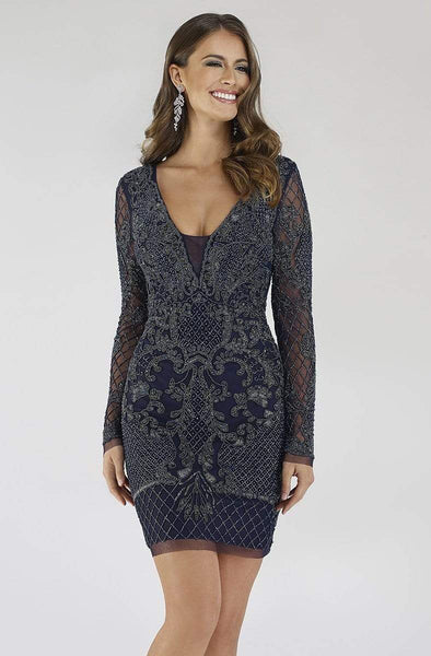 V-neck Fitted Back Zipper Sheer Beaded Sheath Long Sleeves Plunging Neck Cocktail Above the Knee Natural Waistline Sheath Dress