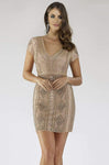 V-neck Geometric Print Natural Waistline Sheath Cap Sleeves Cocktail Above the Knee Fitted Beaded Back Zipper Sheath Dress