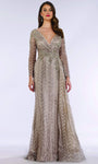 Modest A-line V-neck Long Sleeves Beaded Mesh Sheer Hidden Back Zipper Plunging Neck Floor Length Natural Waistline Evening Dress