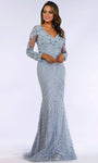 V-neck Lace Long Sleeves Embroidered Hidden Back Zipper V Back Sheer Beaded Floor Length Natural Waistline Sheath Sheath Dress/Evening Dress with a Brush/Sweep Train